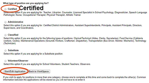 Select Certified option then Start/Edit Application button