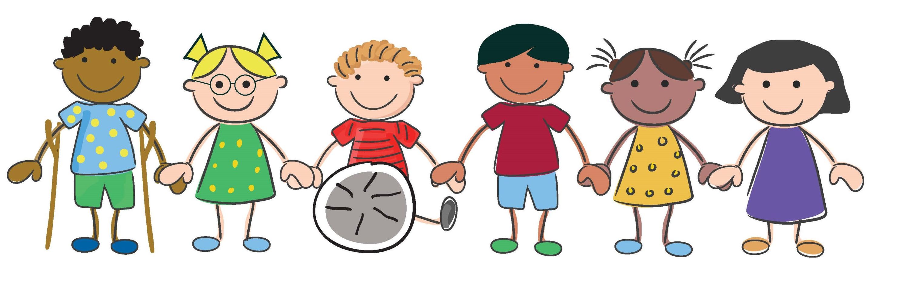 drawing of kids, one in wheelchair, one with leg braces or crutches